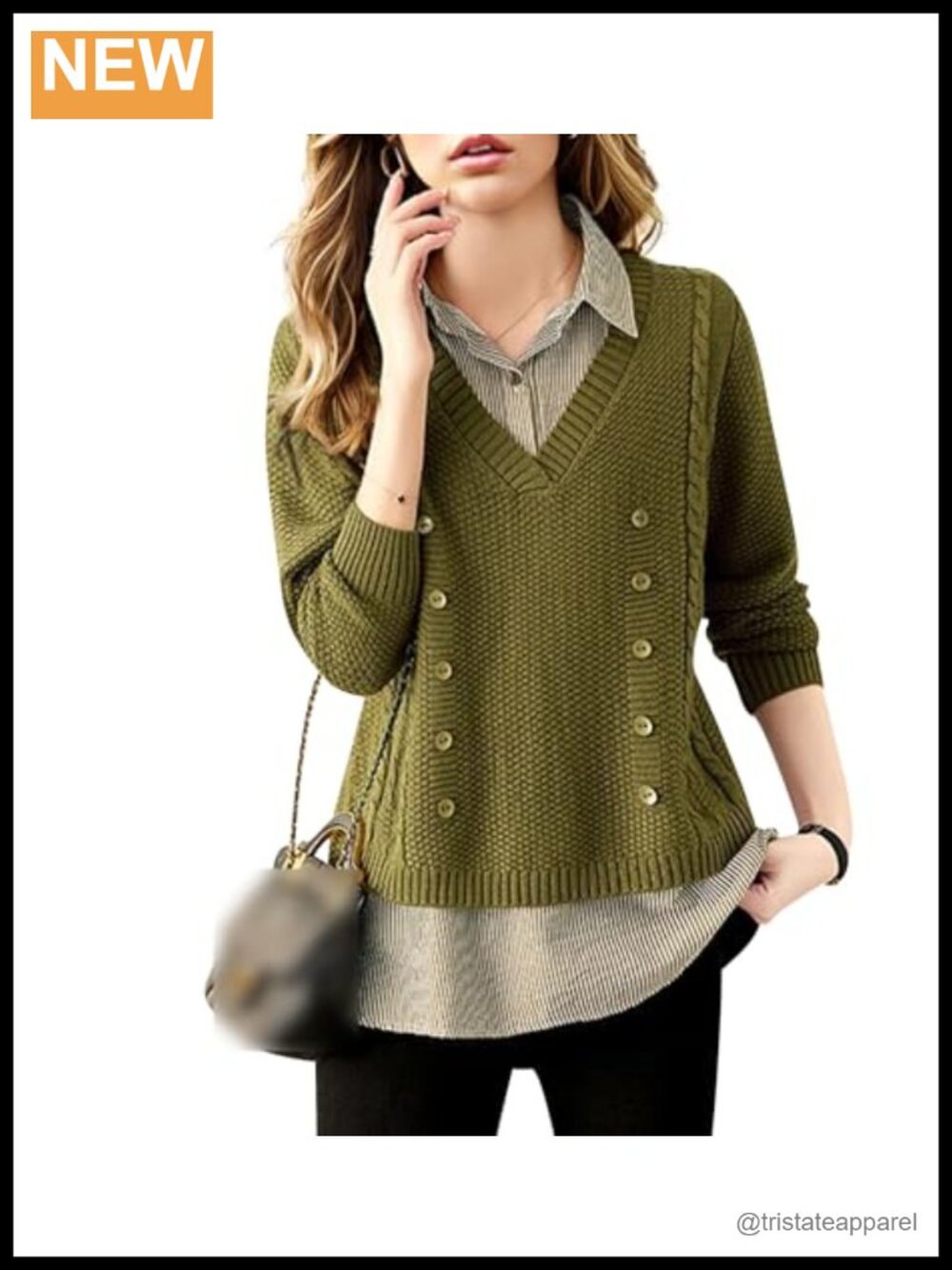 Women's Long Sleeve Knit Layered Look Shirt Contrast Stripe Collar Preppy 2 in